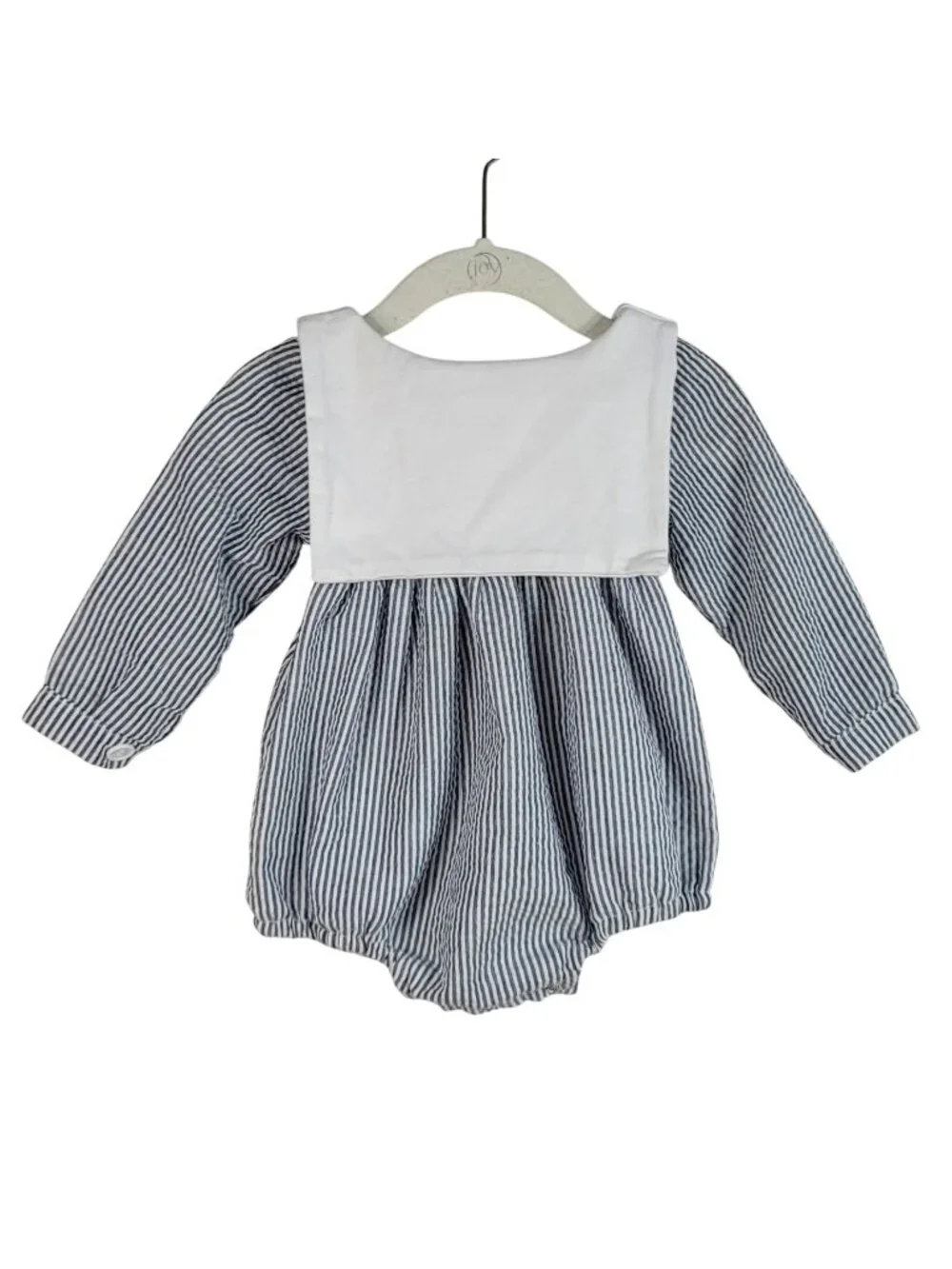 Dapperly Done Baptism Romper Blue White 6-12M Striped Seersucker Long Sleeve
